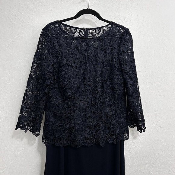 Vintage Patra Blue Evening Formal Dress Sz 14 Floral Lace Overlay Bodice Belted - Picture 2 of 14
